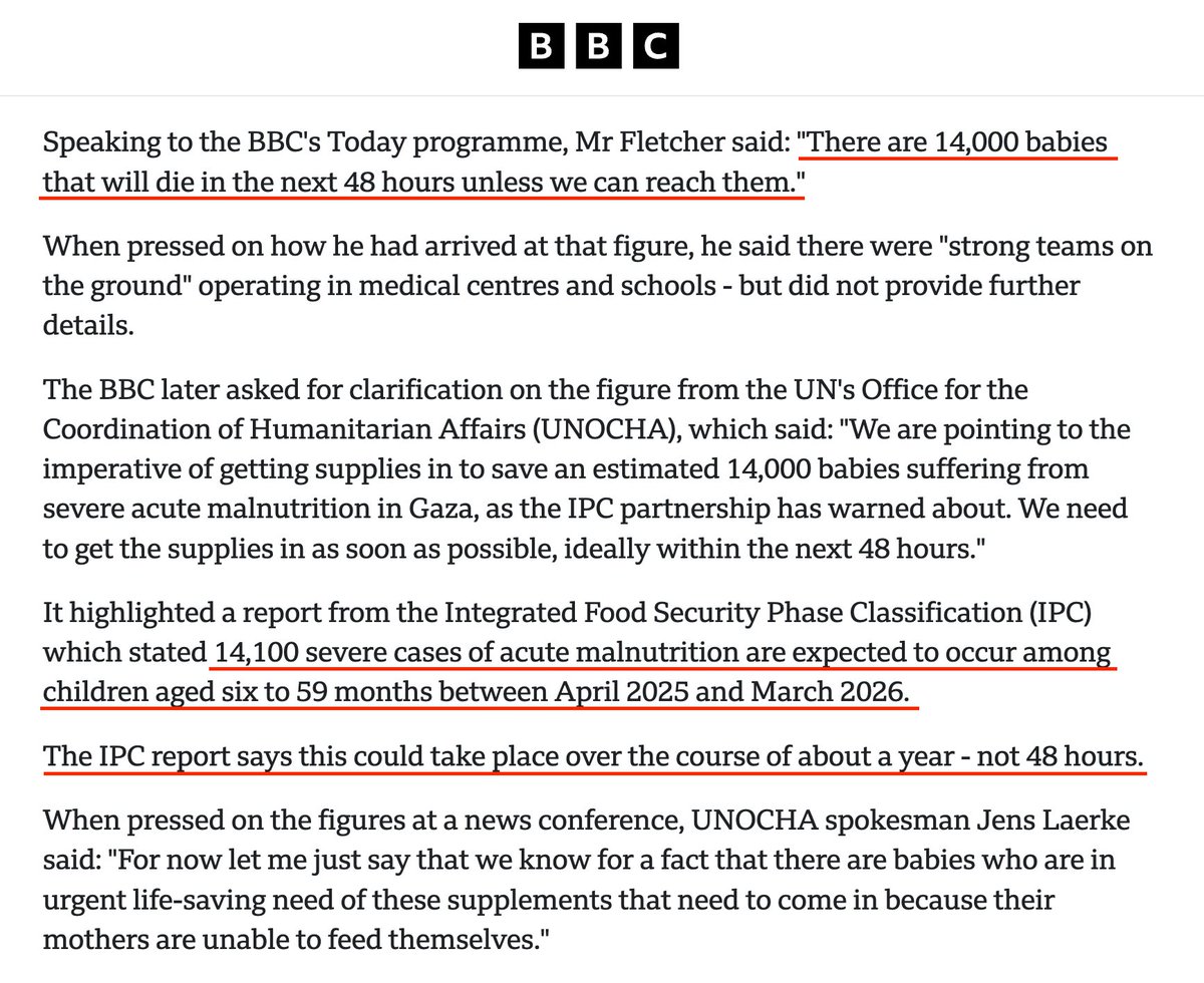 ChrysBarolin's tweet photo. Hier, un responsable de l’ONU affirmait que 14 000 bébés risquaient de mourir à Gaza dans les 48h.
La BBC a vérifié : c’est faux.
Ce chiffre est une projection… sur 12 mois, pas 48 heures.
Ces enfants doivent être sauvés, évidemment.
Mais pourquoi l’ONU a-t-elle dramatisé à ce point ?