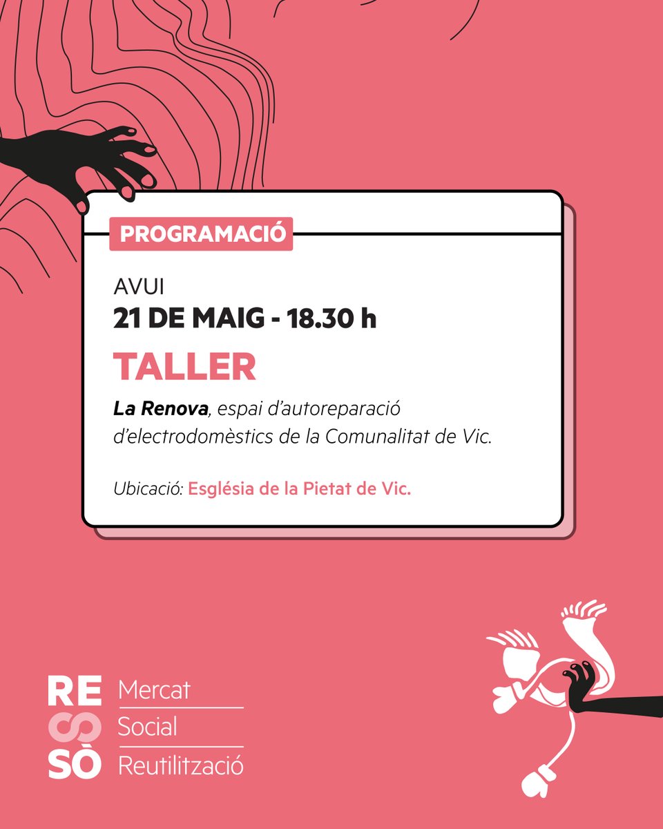 Ressò. Mercat social de la reutilització (@resso_mercat) on Twitter photo 📍 Avui, a les 18.30 h, a la Pietat de Vic, taller d’autoreparació d’electrodomèstics amb La Renova, de la <a href="/ComunalitatVic/">Comunalitat de Vic</a>
<a href="/feraferotgecoop/">La Fera Ferotge</a> <a href="/AssociacioTapis/">Associació Tapís</a> <a href="/Ashesvic/">Associació Ashes</a> <a href="/TruetaVic/">Fundació Dr. Trueta</a> <a href="/Arete_Fundacio/">Areté Economia Social</a> 📍 Avui, a les 18.30 h, a la Pietat de Vic, taller d’autoreparació d’electrodomèstics amb La Renova, de la <a href="/ComunalitatVic/">Comunalitat de Vic</a>
<a href="/feraferotgecoop/">La Fera Ferotge</a> <a href="/AssociacioTapis/">Associació Tapís</a> <a href="/Ashesvic/">Associació Ashes</a> <a href="/TruetaVic/">Fundació Dr. Trueta</a> <a href="/Arete_Fundacio/">Areté Economia Social</a>