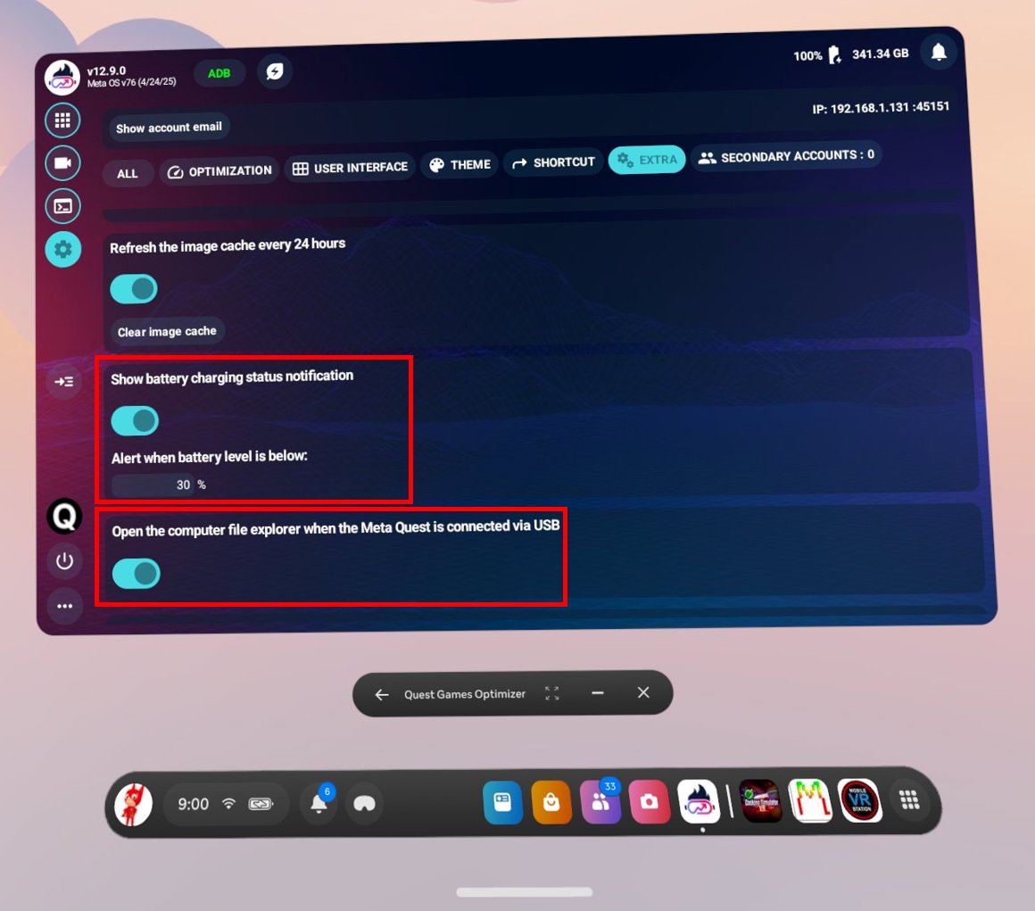 Anagan79's tweet image. Quest Games Optimizer v12.9.0 is available 😃

- Be alerted when your extra battery bank is dead
- Be alerted when battery is lower than the percentage  you defined
- Auto open file explorer on a computer when you connect your headset with USB cable

quest-games-optimizer.com