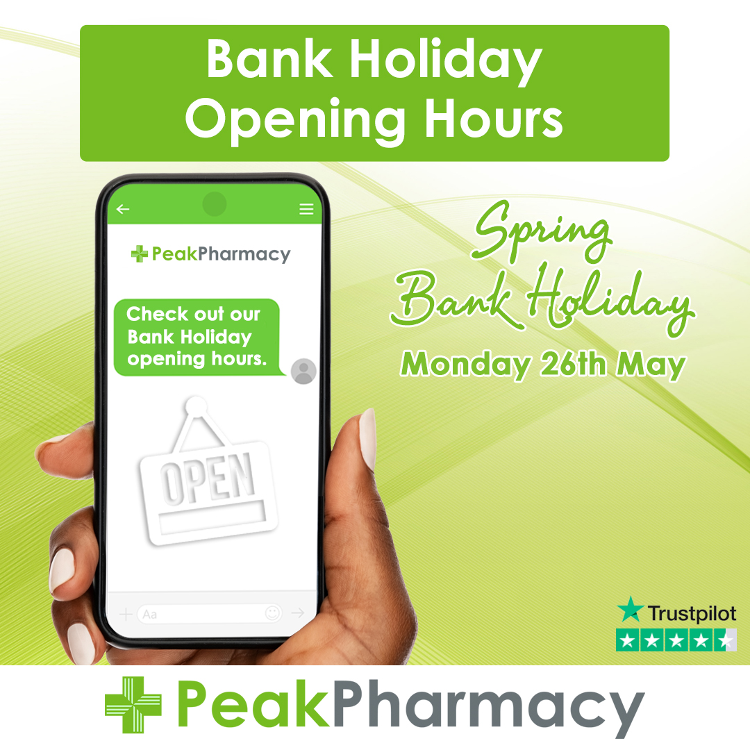 Please be aware that most of our pharmacies will be closed TOMORROW (Monday 26th May) for the Spring #BankHoliday.

However, select locations will remain open, operating with reduced hours over the bank holiday period.

Learn More ➡️ peakpharmacy.co.uk/bank-holiday-n…