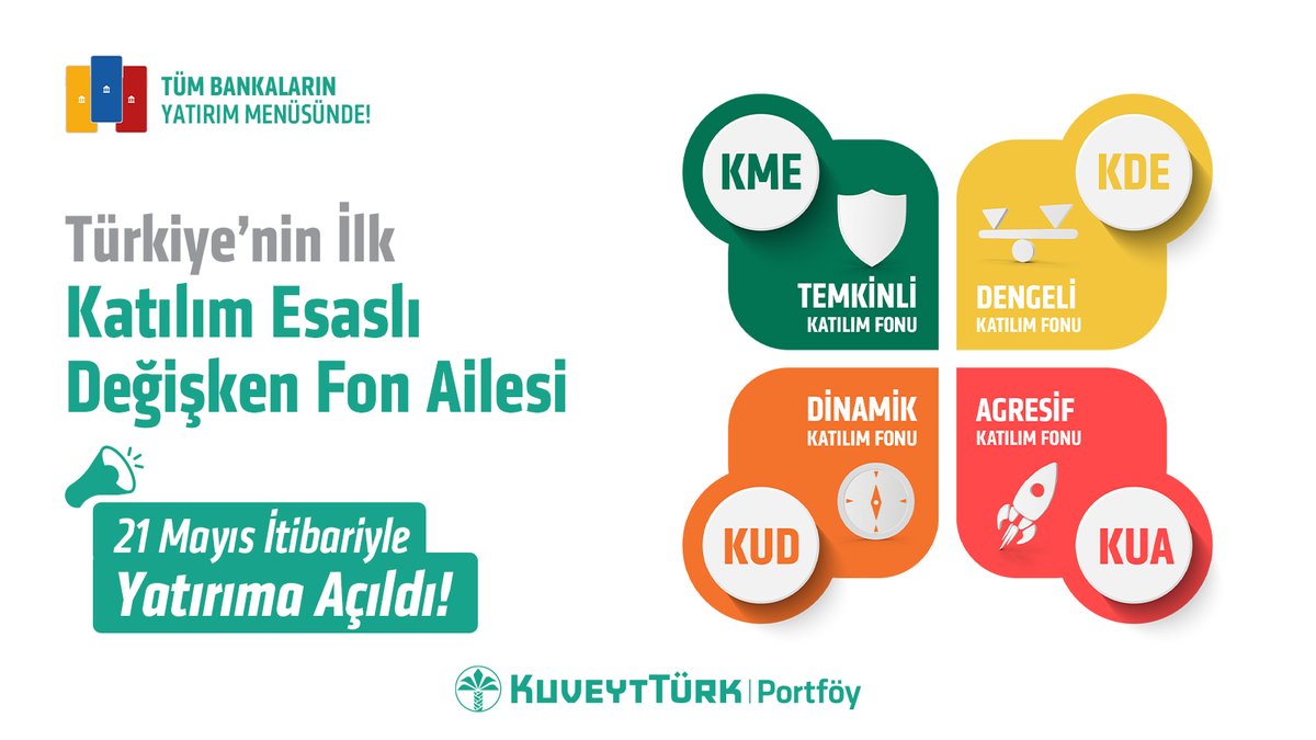 Türkiye’nin İlk Katılım Esaslı Değişken Fon Ailesi 21 Mayıs İtibariyle Yatırıma Açıldı!

👉🏻 Temkinli Katılım Fonu #KME 
👉🏻 Dengeli Katılım Fonu #KDE 
👉🏻 Dinamik Katılım Fonu #KUD   
👉🏻 Agresif Katılım Fonu #KUA

Tüm banka ve aracı kurumlardan yatırım yapabilirsiniz.

Değişken Fon