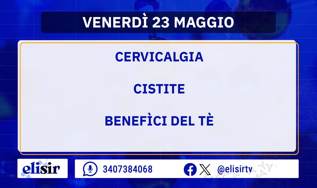 Buongiorno amiche e amici di #Elisir! Alle 10:15 dagli studi di Saxa Rubra inizia una nuova diretta. Oggi, insieme ai nostri esperti, parleremo di cervicalgia e dolore al collo, ci occuperemo della cistite e cercheremo di fare chiarezza sui benefici del tè.