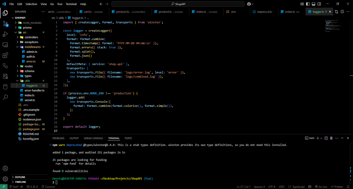 codetitan_'s tweet image. ✅ Day 74 of #100DaysOfCode : Nodejs

Implemented centralized error logging using Winston in the Express errorMiddleware.
Now, all server errors are automatically logged with helpful metadata including method, URL, status code, and stack trace.