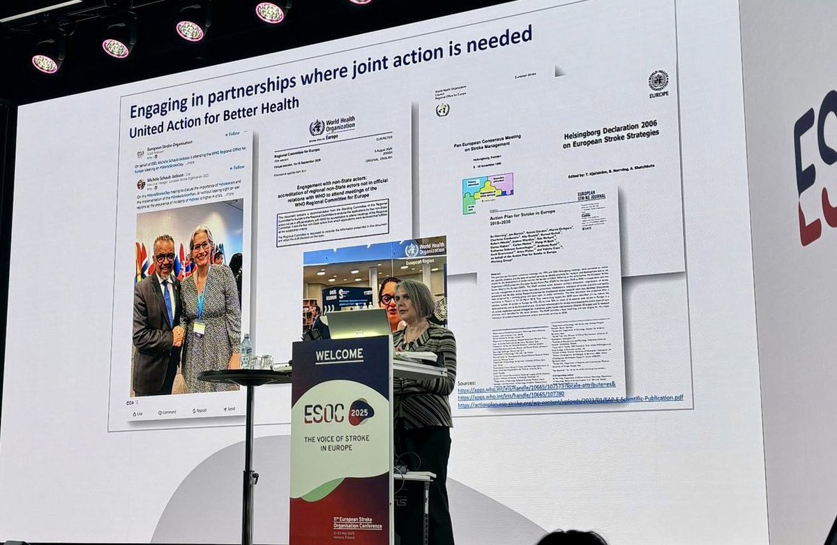 ESOstroke's tweet photo. Jill Farrington from @WHO_Europe presenting the WHO perspective on Improving stroke prevention and care. Highlighting the importance of partnerships and united actions. 🤝

#strokecare #strokeimprovement #StrokeActionNow #StrokeActionPlan https://t.co/A0WfgPiQRp