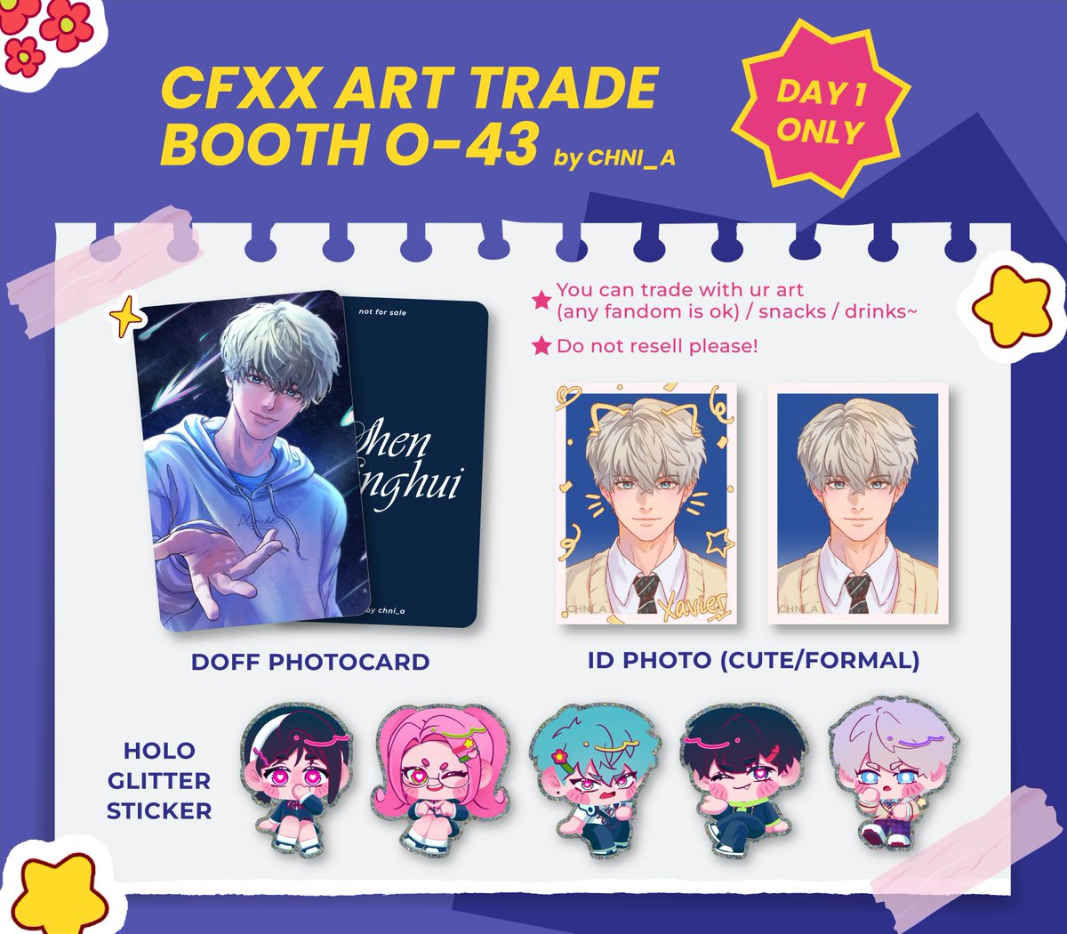 Helloo I'm open for art trade at booth O-43 on Day 1 #CFXX!

Preferably trade for lads/alnst, but any fandom, snacks, or drinks are welcome!
Just reply if you’d like to trade with me (I have limited prints)^^