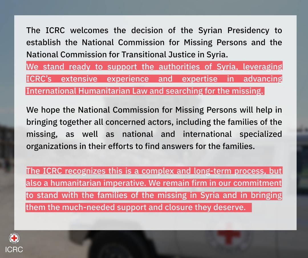 SSakalianICRC's tweet image. Establishing a mechanism for the #missing persons is the first step towards providing families in #Syria with the answers they have been waiting for too long. For families of the missing, time does not heal; answers do.