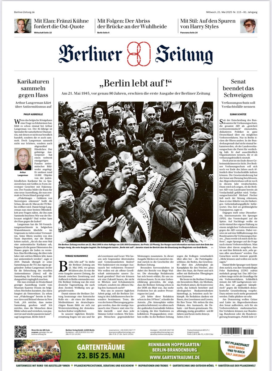 wiebkehollersen's tweet photo. Heute vor 80 Jahren erschien die erste deutsche Tageszeitung nach Ende des Zweiten Weltkriegs. Die ⁦@berlinerzeitung⁩! Wir feiern Geburtstag mit einer Sonderausgabe heute und einer am Wochenende. Ich lass euch mal die erste Seite da. https://t.co/h1kHj0p2Mo