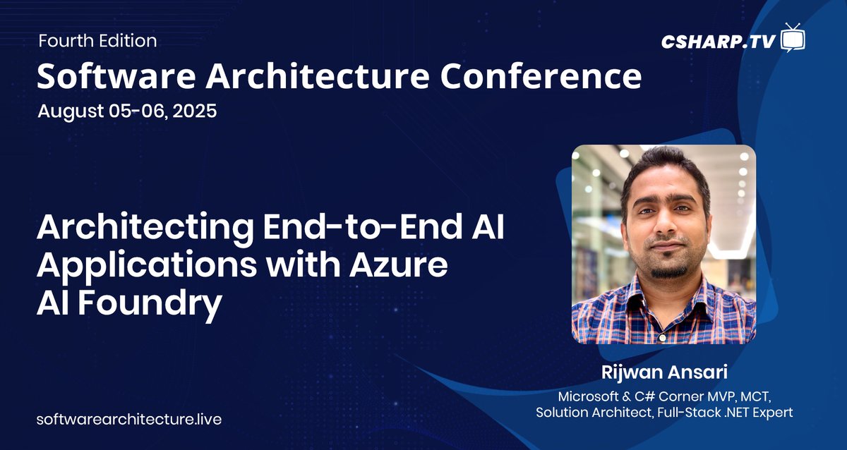 CSharp.TV (@csharpdottv) on Twitter photo Building serious AI with serious tools. ๐ง
join <a href="/rijsat/">Rijwan Ansari, MVP</a> at #SoftwareArchitecture2025 as he unpacks: "Architecting End-to-End AI Applications with Azure AI Foundry"
โ
Real-world insights
โ
Practical patterns
โ
Azure-native strategies
๐ August 05โ06, 2025
๐๏ธRegister here: Building serious AI with serious tools. ๐ง
join <a href="/rijsat/">Rijwan Ansari, MVP</a> at #SoftwareArchitecture2025 as he unpacks: "Architecting End-to-End AI Applications with Azure AI Foundry"
โ
Real-world insights
โ
Practical patterns
โ
Azure-native strategies
๐ August 05โ06, 2025
๐๏ธRegister here: