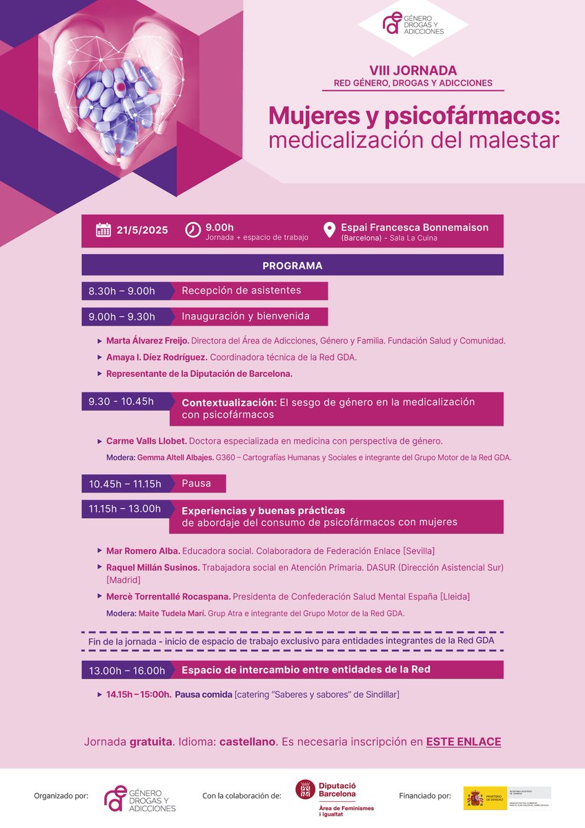 ✨ Estamos listas para comenzar la  VIII JORNADA DE LA RED: "Mujeres y psicofármacos: medicalización del malestar" en el #EFBonnemaison d'
<a href="/IgualtatDiba/">Feminismes i Igualtat</a> en Barcelona 💜

¡Comenzamos! Aquí hilo de todo lo que está pasando 🧵⬇️