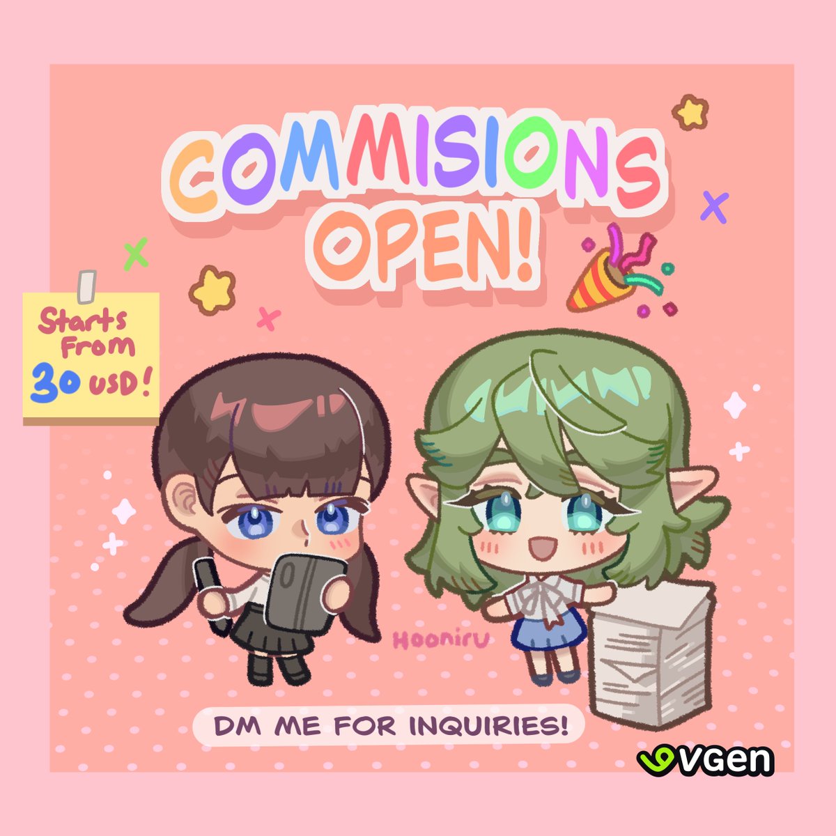 2types of commissions open! 3slots each!
These are the types of commission:
1. Chibi style
2. Mii style chibi 
Price starts from 30USD!
DM me if you are interested
I would also appreciate alot if you can order from my Vgen🙏