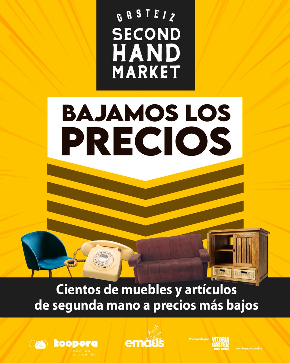 🪑🛋️🖼️¡Bajamos los precios en #SECONDHANDMARKET!☎️📻🪞
A partir de ahora cientos de #muebles y artículos de #2ªmano con PRECIOS MÁS BAJOS.

Ahorra comprando sostenible y generando #empleosocial, en Canciller Ayala,6 #vitoriagateiz

Tu compra responsable, ahora más accesible💚