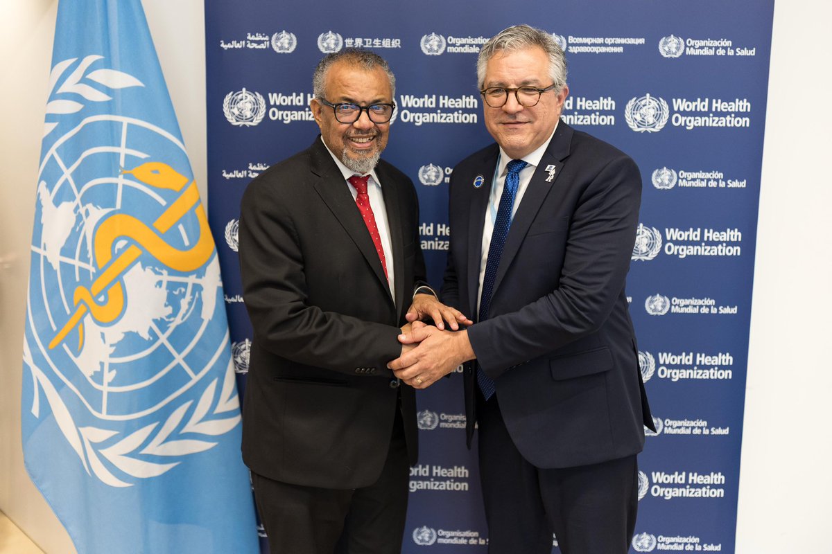DrTedros's tweet photo. Muito obrigado Health Minister @padilhando for #Brazil's strong participation in the #PandemicAccord negotiations. We're happy to witness this historic #WHA78 adoption moment with you. 

I also used the opportunity to thank the Minister for 🇧🇷's support to sustainable financing of @WHO, including through their @BRICSCountries Presidency this year. 

I look forward to joining you at #COP30, as we must put health at the centre of #ClimateAction negotiations.