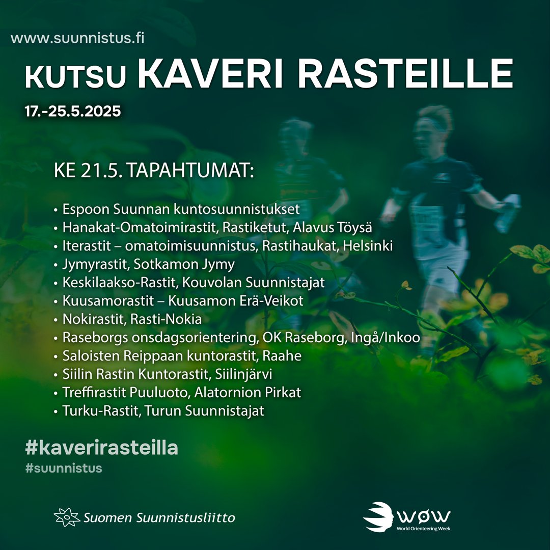 Kutsu kaveri kuntorasteille -kampanjan tapahtumat tänään keskiviikkona 21.5.

suunnistus.fi/tapahtumat/kut…

#suunnistus
#kaverirasteilla