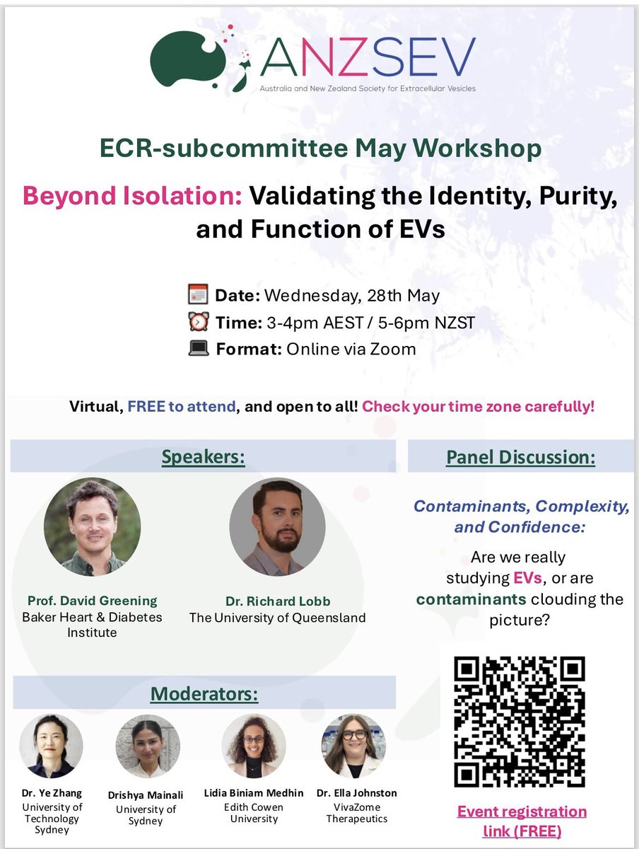 Do you ever wonder are we truly studying #EVs, or are contaminants clouding the picture? Join us at this month’s <a href="/ANZSEVresearch/">ANZSEV</a> ECR workshop where we’ll be discussing this important topic! 

🗓️Wednesday, 28th May
⏰3pm AEST
💻Virtual via Zoom

Register at utsmeet.zoom.us/meeting/regist…