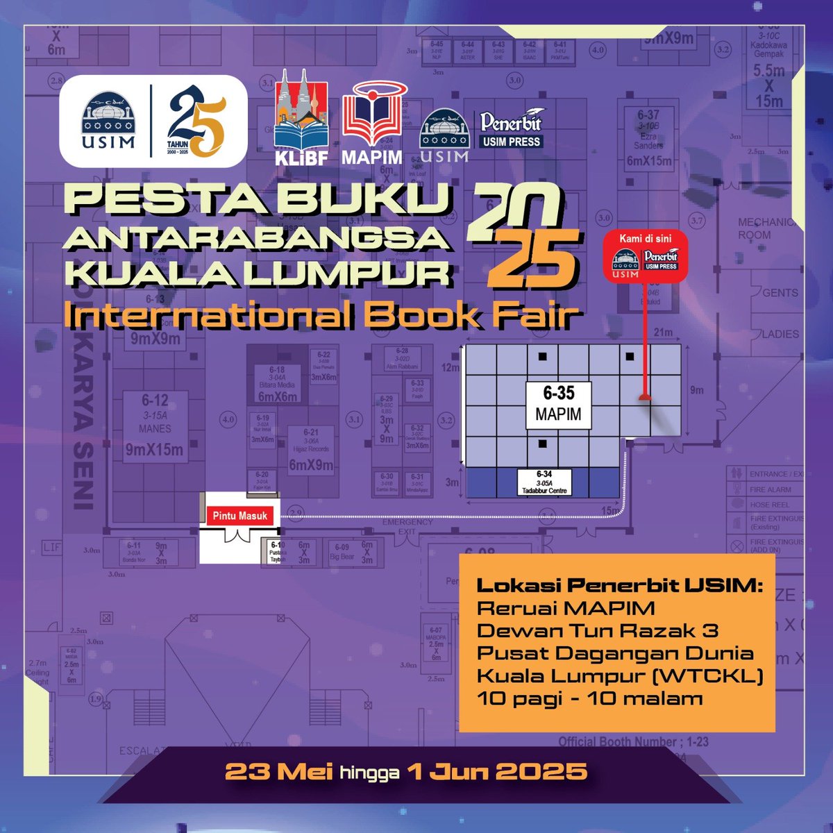 Temui Penerbit USIM di reruai Majlis Penerbitan Ilmiah Malaysia (MAPIM) di Dewan Tun Razak, Tingkat 3, Pusat Dagangan Dunia Kuala Lumpur. 10 pagi - 10 malam. 
#MAPIM #PBAKL2025 #BukuIlmiah #WTCKL #PestaBuku