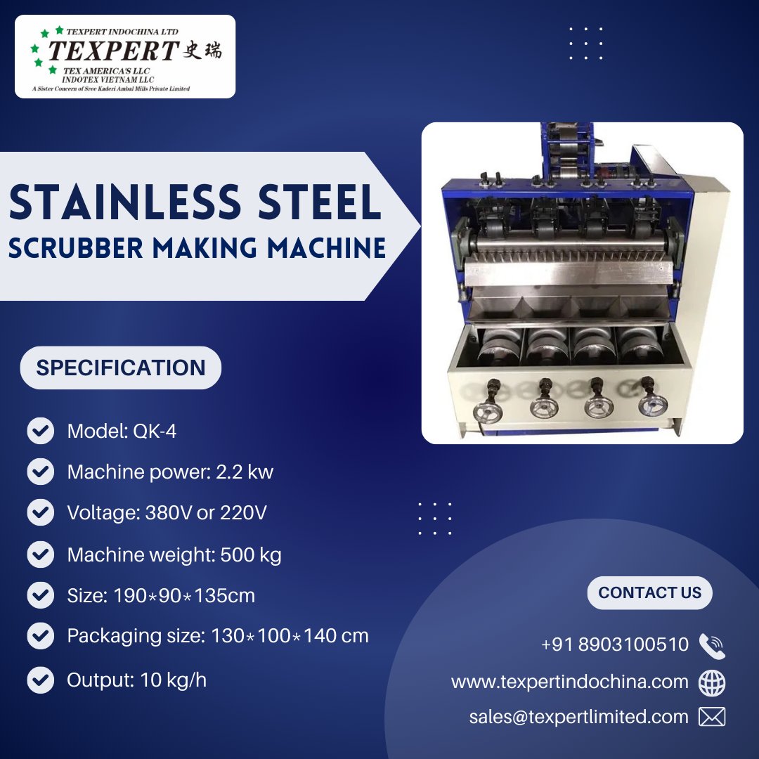 Texpert_Officia's tweet image. This Stainless Steel scrubber-making machine helps businesses produce scrubbers quickly and without a mess, cutting down delays and waste in everyday operations. visit us: texpertindochina.com/view.php?id=24…

#ScrubberMachine #StainlessSteelMachine #IndustrialMachinery #TexpertMachinery