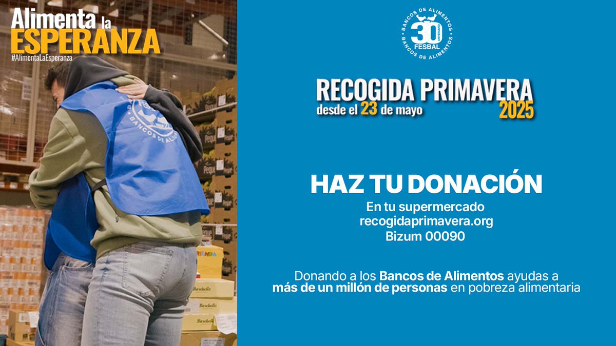 ✨Tu #colaboración en la #RecogidaPrimavera es
esencial para ayudar a más de un millón de personas✨
Puedes participar uniéndote al #voluntariado o haciendo una #donación:
En línea de caja del supermercado
Web recogidaprimavera.org
Bizum al 00090
#AlimentaLaEsperanza