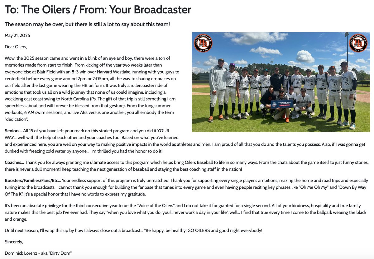 Dominick Lorenz 🤠⚾️ (@sportsmouth95) on Twitter photo My 3rd year broadcasting with <a href="/HBHS_basebll/">HB baseball</a> was a gift. I wouldn't change a single moment to be at the field with an amazing group of players, coaches and families/fans 🧡🖤 Humbled, grateful and I tip my cap to all the supporters #TheTeam
FULL ARTICLE: shorturl.at/U506o My 3rd year broadcasting with <a href="/HBHS_basebll/">HB baseball</a> was a gift. I wouldn't change a single moment to be at the field with an amazing group of players, coaches and families/fans 🧡🖤 Humbled, grateful and I tip my cap to all the supporters #TheTeam
FULL ARTICLE: shorturl.at/U506o
