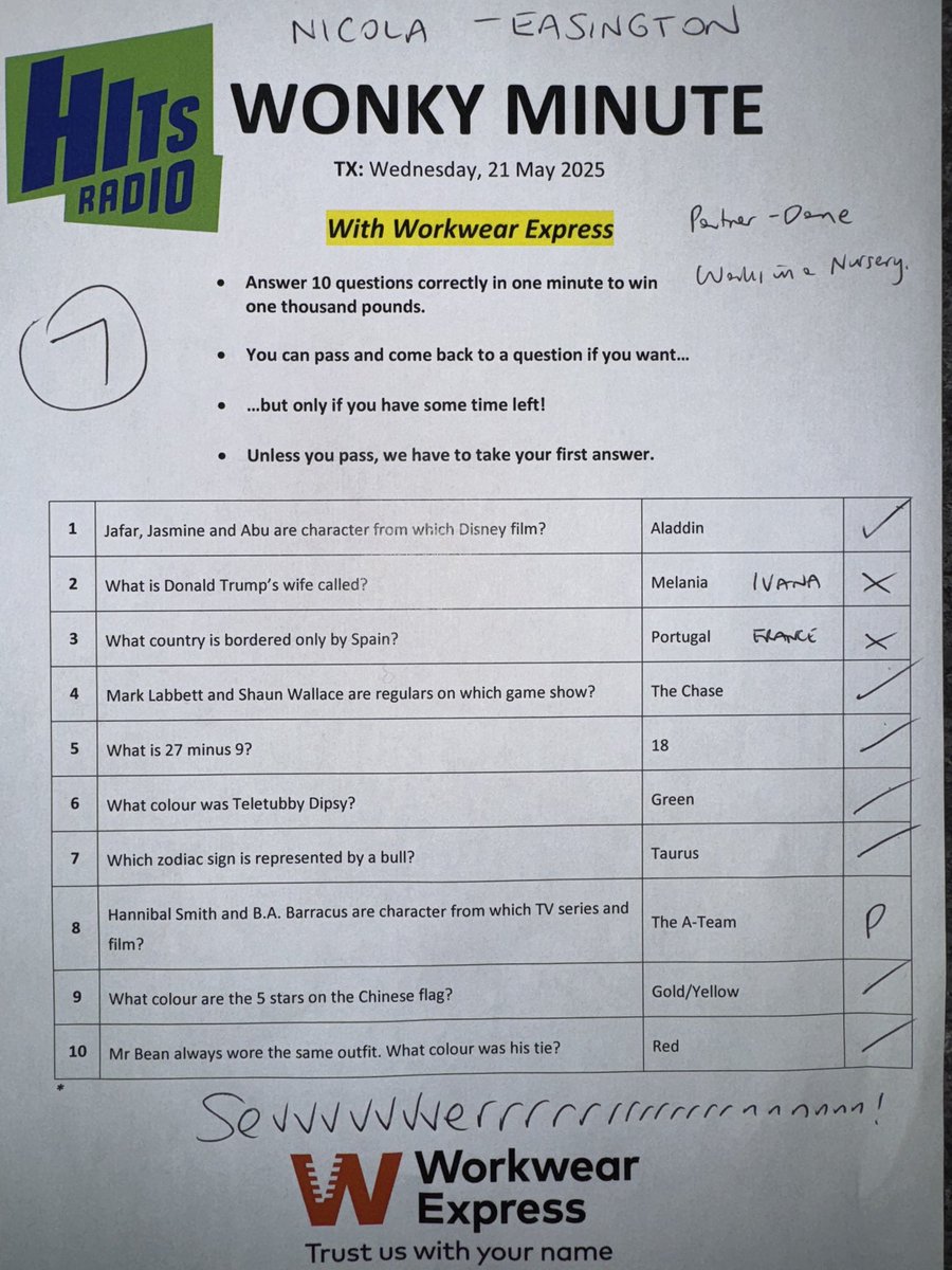 It’s another sevvvvvvvvverrrrrnnnnnnnnnn on the Wonky for Wednesday.

Here are the questions Nicola in Easington had to answer today.
