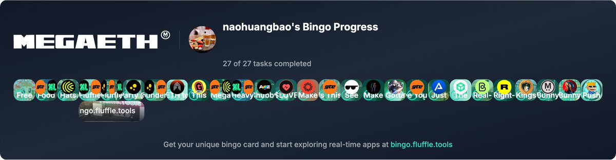 27/27 tiles completed (100%) on <a href="/megaeth/"></a> Testnet Bingo!
FULL COMPLETION! 🎉

Get your unique bingo card and start exploring real-time apps at bingo.fluffle.tools 
tag <a href="/ultra/">Ultra Music Festival</a> mega eth (its really big) <a href="/mega/">Mega</a> heisenbruh (<a href="/0xHeisenbruh/">heisenbruh / mega-burger Σ:</a>) (<a href="/megaeth/"></a>) 📷