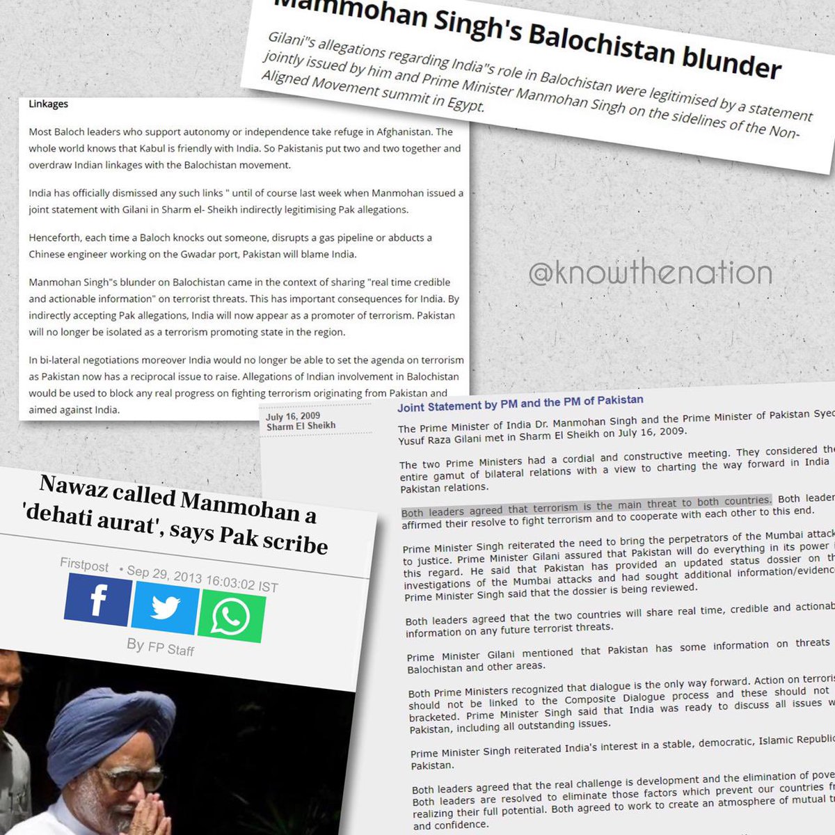 शरमल शेख में बेहद शर्मनाक घटना हुई जब तत्कालीन भारत के प्रधानमंत्री मनमोहन सिंह जी ने पाकिस्तान के राष्ट्रपति मुशर्रफ को गले लगाकर संयुक्त बयान जारी किया कि भारत की तरह पाकिस्तान भी आतंकवाद से जूझ रहा है । एक आतंकी राष्ट्र को इतना बड़ा सर्टिफिकेट? कॉंग्रेस का काला अध्याय, यही सच