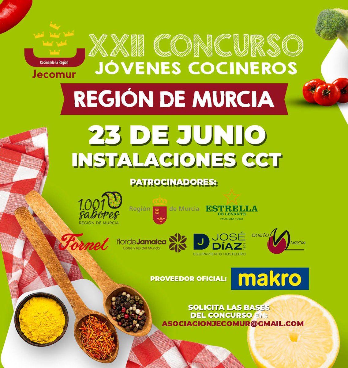 CCT MURCIA (@cctmurcia) on Twitter photo Llega el XXII Concurso de Jóvenes Cocineros Jecomur: sabor, creatividad y pasión por la cocina.
📍 Instalaciones CCT Murcia
📅 23 de junio
📩 Bases: asociacionjecomur@gmail.com
Gracias a los patrocinadores 💛
#Jecomur2025 #JóvenesCocineros #CCTMurcia #SoyCCT Llega el XXII Concurso de Jóvenes Cocineros Jecomur: sabor, creatividad y pasión por la cocina.
📍 Instalaciones CCT Murcia
📅 23 de junio
📩 Bases: asociacionjecomur@gmail.com
Gracias a los patrocinadores 💛
#Jecomur2025 #JóvenesCocineros #CCTMurcia #SoyCCT