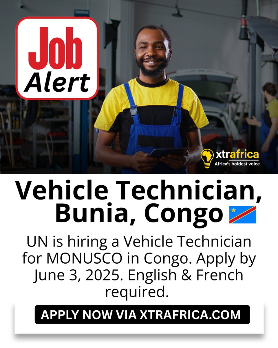🚨UN Job in Congo.🇨🇩🇨🇩
Vehicle Technician needed in Bunia (MONUSCO) 🔧
French required 🇫🇷 | Apply by June 3
Get rostered for future UN missions too!
➡️ Apply now xtrafrica.com/jobs-and-oppor…