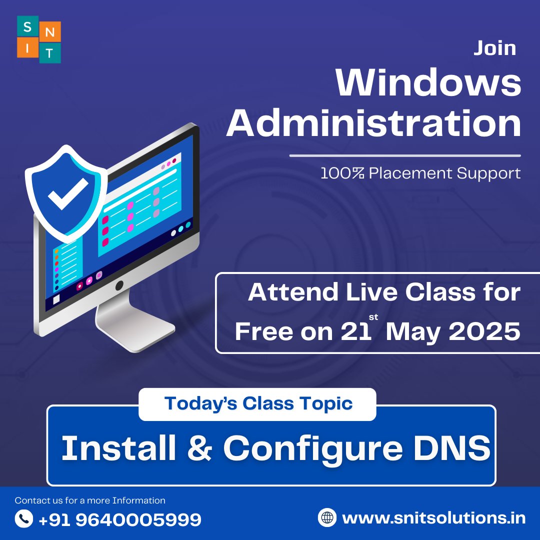 snit_training's tweet image. 🖥️ Windows Admins &amp;amp; IT Enthusiasts!
Get ready for a FREE Live Class on May 21, 2025 🎉

🖱️To Interact with the Trainer
For more information,
call us: 096400 05999
Our website: snitsolutions.in

#FreeClass #WindowsAdmin #DNS #ITTraining #TechCareer #SystemAdministrator