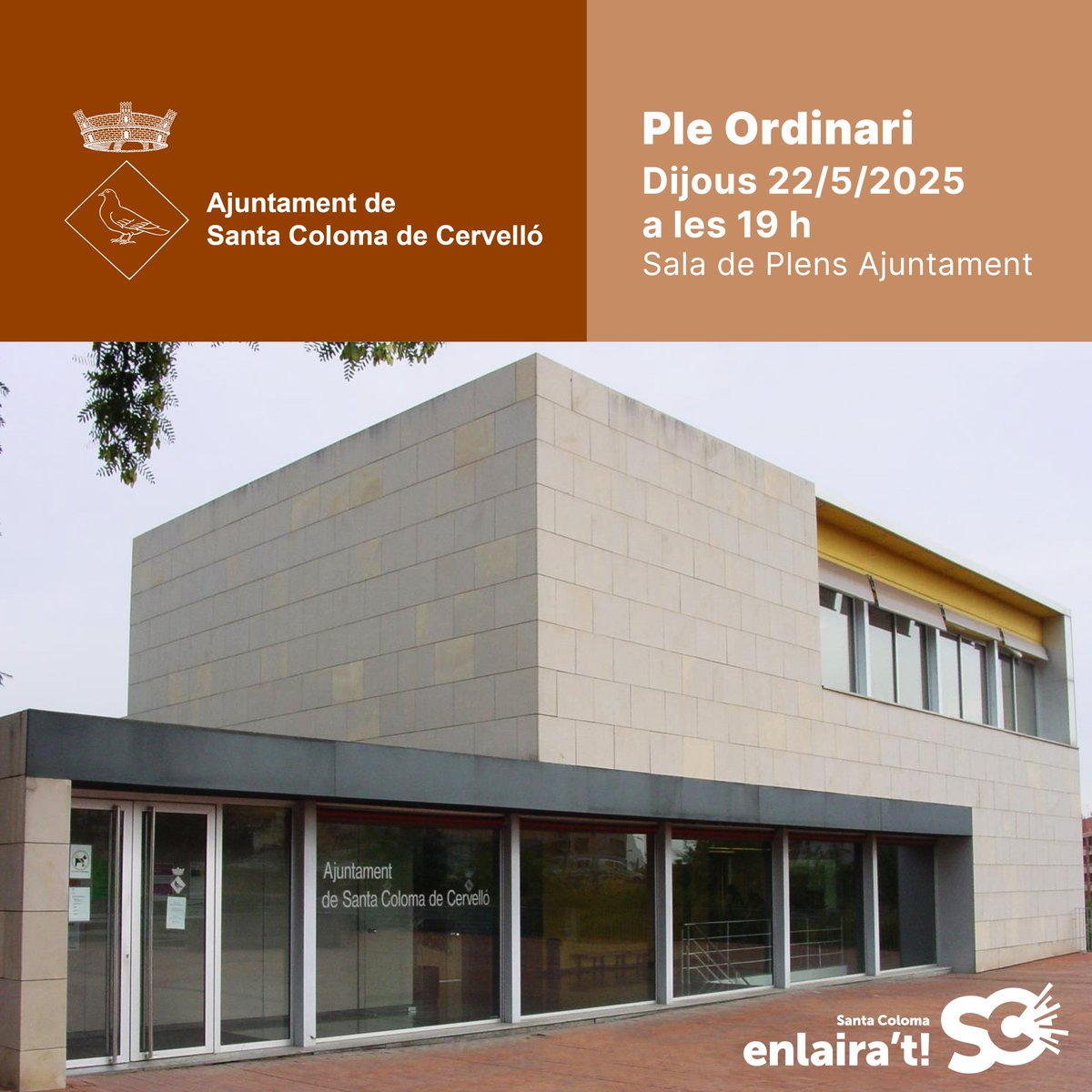 📢El Ple Ordinari de l’Ajuntament d'aquest mes es celebrarà dijous 22/5 a les 19 h.
📑Convocatòria i ordre del dia:
🌐 santacolomadecervello.cat/ple

✅Per seguir-lo des de casa, entra al Canal de YouTube de l’Ajuntament
🌐 bit.ly/CanalYouTubeSt…

#PleMunicipal #SantaColomadeCervelló