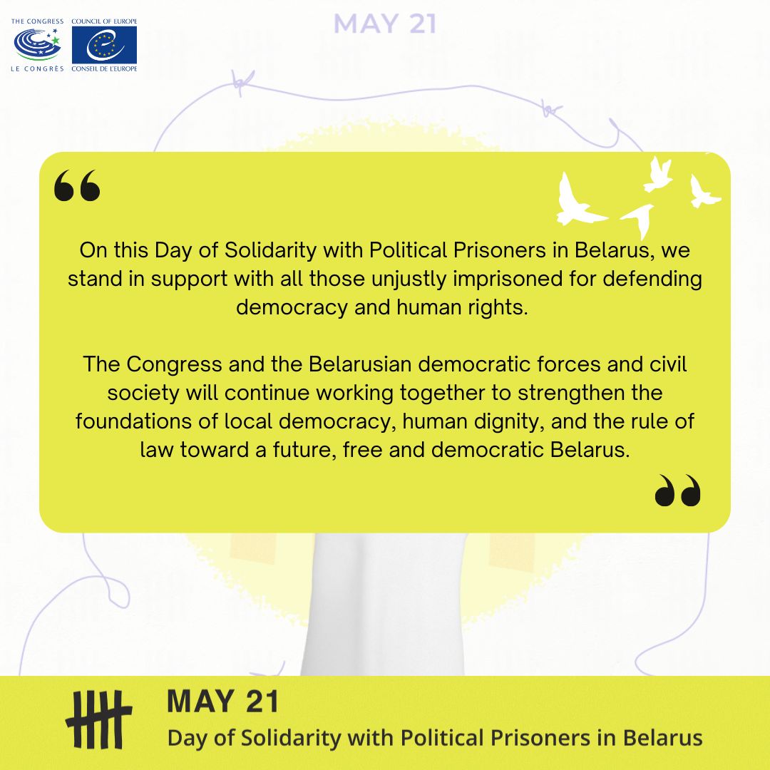 Congress of Local and Regional Authorities (@coecongress) on Twitter photo Today we stand in solidarity with political prisoners in Belarus. 🇧🇾
💬<a href="/COECongress/">Congress of Local and Regional Authorities</a> Bureau Rapporteur for a Democratic Belarus <a href="/dalmaneek/">Cecilia Dalman Eek</a>: "we stand in support with all those unjustly imprisoned for defending democracy and human rights". 🕊️
<a href="/coe/">Council of Europe</a> #StandwithBelarus #FreeBelarus Today we stand in solidarity with political prisoners in Belarus. 🇧🇾
💬<a href="/COECongress/">Congress of Local and Regional Authorities</a> Bureau Rapporteur for a Democratic Belarus <a href="/dalmaneek/">Cecilia Dalman Eek</a>: "we stand in support with all those unjustly imprisoned for defending democracy and human rights". 🕊️
<a href="/coe/">Council of Europe</a> #StandwithBelarus #FreeBelarus