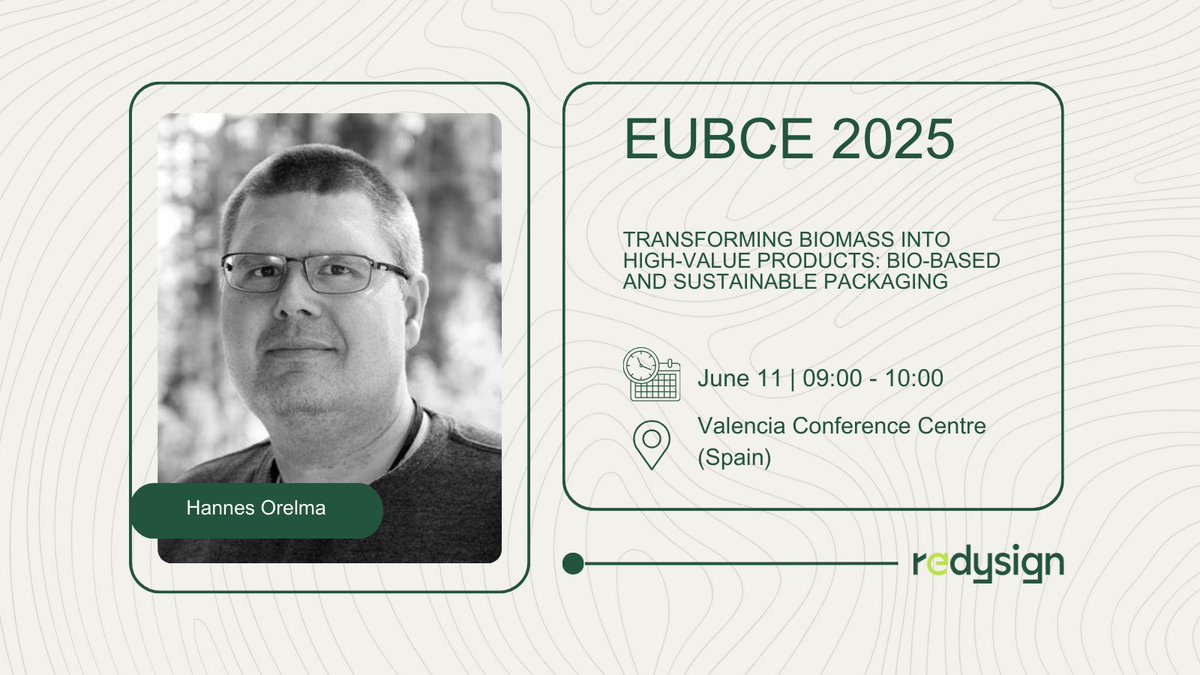 REDYSIGNProject's tweet image. 📅#REDYSIGN at @EUBCE 2025! 

🟢Don’t miss our session on 11 June:
 &quot;Transforming Biomass into High-Value Products: Bio-based and Sustainable Packaging&quot;
🎤Hannes Orelma (#VTT)
🕘9:00–10:00 (Valencia)

👉bit.ly/4mrK6wQ