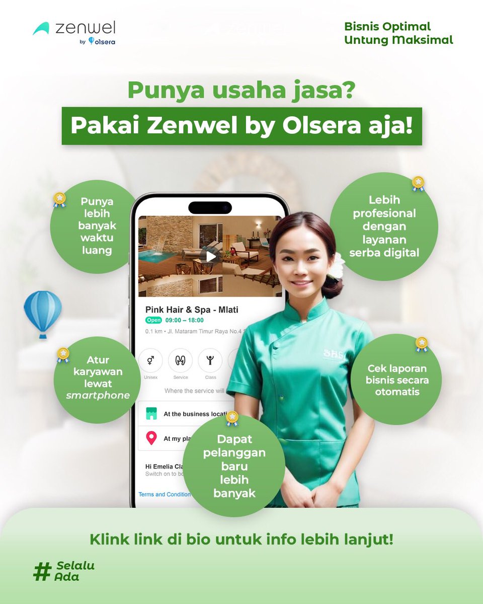 Ada aplikasi yang dirancang khusus untuk usaha jasa? Zenwel by Olsera jawabannya! ✨

📆 Manajemen Kalender
📲 Manajemen Reservasi
🛃 Manajemen Pesanan
👥 Manajemen Karyawan
🥰 Manajemen Pelanggan

Konsultasi melalui WhatsApp di nomor 0821 1818 1187 ☎️