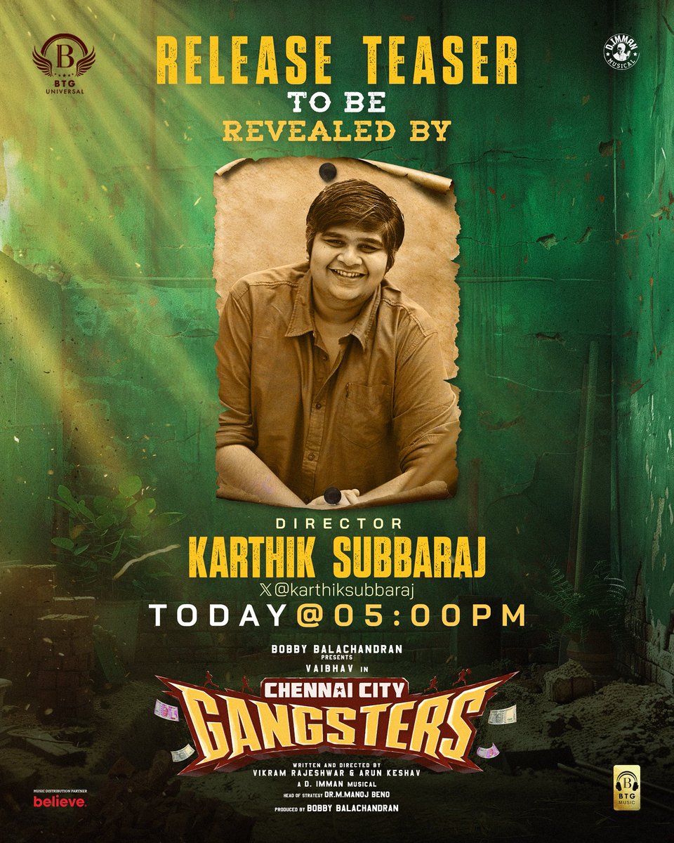 BTG Universal (@btguniversal) on Twitter photo The highride of gangster filmmakers, <a href="/karthiksubbaraj/">karthik subbaraj</a> to launch the release teaser for our gangsters!
#ChennaiCityGangsters - release teaser today at 5PM. Film coming to theatres on 20th June!
An <a href="/immancomposer/">D.IMMAN</a> musical!
<a href="/BTGUniversal/">BTG Universal</a> <a href="/bbobby/">bbobby</a> <a href="/ManojBeno/">Manoj Beno</a> <a href="/actor_vaibhav/">Vaibhav</a> The highride of gangster filmmakers, <a href="/karthiksubbaraj/">karthik subbaraj</a> to launch the release teaser for our gangsters!
#ChennaiCityGangsters - release teaser today at 5PM. Film coming to theatres on 20th June!
An <a href="/immancomposer/">D.IMMAN</a> musical!
<a href="/BTGUniversal/">BTG Universal</a> <a href="/bbobby/">bbobby</a> <a href="/ManojBeno/">Manoj Beno</a> <a href="/actor_vaibhav/">Vaibhav</a>