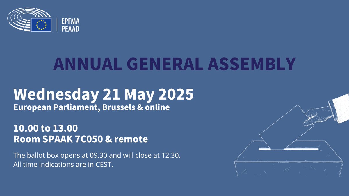 European Parliament Former Members Association (@europarl_fma) on Twitter photo 📢 Voting starting NOW❗️
🕙 Today from 10.00 to 13.00 the 24th FMA Annual General Assembly will take place in the <a href="/Europarl_EN/">European Parliament</a>. Voting starts at 9.30 and will end at 12.30.
📍SPAAK 7C50, European Parliament, Brussels
🗳️A new Management Committee will be elected.
Stay tuned‼️ 📢 Voting starting NOW❗️
🕙 Today from 10.00 to 13.00 the 24th FMA Annual General Assembly will take place in the <a href="/Europarl_EN/">European Parliament</a>. Voting starts at 9.30 and will end at 12.30.
📍SPAAK 7C50, European Parliament, Brussels
🗳️A new Management Committee will be elected.
Stay tuned‼️