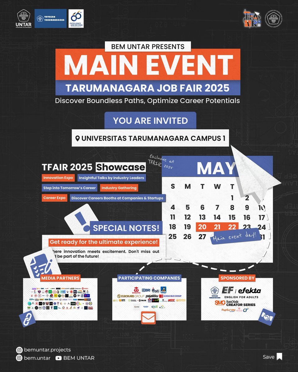 [MAIN EVENT TARUMANAGARA JOB FAIR 2025]

Get ready to unlock limitless career opportunities at the Main Event Tarumanagara Job Fair 2025! 🚀
Discover Boundless Paths, Optimize Career Potentials

📍: Universitas Tarumanagara, Kampus 1
📆: 20 - 22 May, 2025