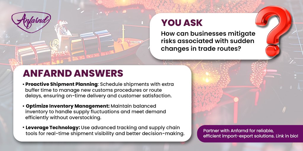 anfarndinfotech's tweet photo. When trade routes shift, agile logistics and smart planning are key. Avoid delays, manage risks, and seize new opportunities with the right approach. Stay ahead with Anfarnd’s expert import-export consulting. 
https://t.co/qW9ucvk0Mi 

#Anfarnd #Import #Export #Innovation #Trade https://t.co/gjf8ib0KdT