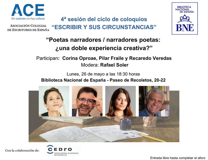 pilar fraile (@pilarfraile_) on Twitter photo Por si a ustedes les apetece, el próximo lunes, 26 de mayo, estaré así de bien acompañada charlando sobre la escritura poética y narrativa en <a href="/BNE_biblioteca/">Biblioteca Nacional de España</a>.
<a href="/ACEscritores/">ACE Escritores</a>
<a href="/VicLit_agency/">VicLit</a>
<a href="/r_veredas/">RJ Veredas</a> Por si a ustedes les apetece, el próximo lunes, 26 de mayo, estaré así de bien acompañada charlando sobre la escritura poética y narrativa en <a href="/BNE_biblioteca/">Biblioteca Nacional de España</a>.
<a href="/ACEscritores/">ACE Escritores</a>
<a href="/VicLit_agency/">VicLit</a>
<a href="/r_veredas/">RJ Veredas</a>