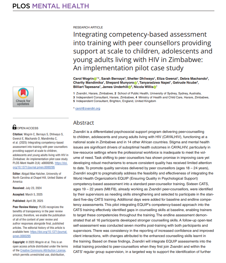 Zvandiri (@zvandiri) on Twitter photo New publication! we described how we tested the feasibility and effectiveness of 𝗶𝗻𝘁𝗲𝗴𝗿𝗮𝘁𝗶𝗻𝗴 𝘁𝗵𝗲 <a href="/WHO/">World Health Organization (WHO)</a>’𝘀 𝗘𝗤𝗨𝗜𝗣 𝗶𝗻𝘁𝗼 #𝗭𝘃𝗮𝗻𝗱𝗶𝗿𝗶'𝘀 𝘀𝘁𝗮𝗻𝗱𝗮𝗿𝗱 𝗽𝗲𝗲𝗿-𝗰𝗼𝘂𝗻𝘀𝗲𝗹𝗹𝗼𝗿 𝘁𝗿𝗮𝗶𝗻𝗶𝗻𝗴.
More here: tinyurl.com/2whwamy4
<a href="/UNAIDS/">UNAIDS Global</a> <a href="/UNICEF/">UNICEF</a> New publication! we described how we tested the feasibility and effectiveness of 𝗶𝗻𝘁𝗲𝗴𝗿𝗮𝘁𝗶𝗻𝗴 𝘁𝗵𝗲 <a href="/WHO/">World Health Organization (WHO)</a>’𝘀 𝗘𝗤𝗨𝗜𝗣 𝗶𝗻𝘁𝗼 #𝗭𝘃𝗮𝗻𝗱𝗶𝗿𝗶'𝘀 𝘀𝘁𝗮𝗻𝗱𝗮𝗿𝗱 𝗽𝗲𝗲𝗿-𝗰𝗼𝘂𝗻𝘀𝗲𝗹𝗹𝗼𝗿 𝘁𝗿𝗮𝗶𝗻𝗶𝗻𝗴.
More here: tinyurl.com/2whwamy4
<a href="/UNAIDS/">UNAIDS Global</a> <a href="/UNICEF/">UNICEF</a>