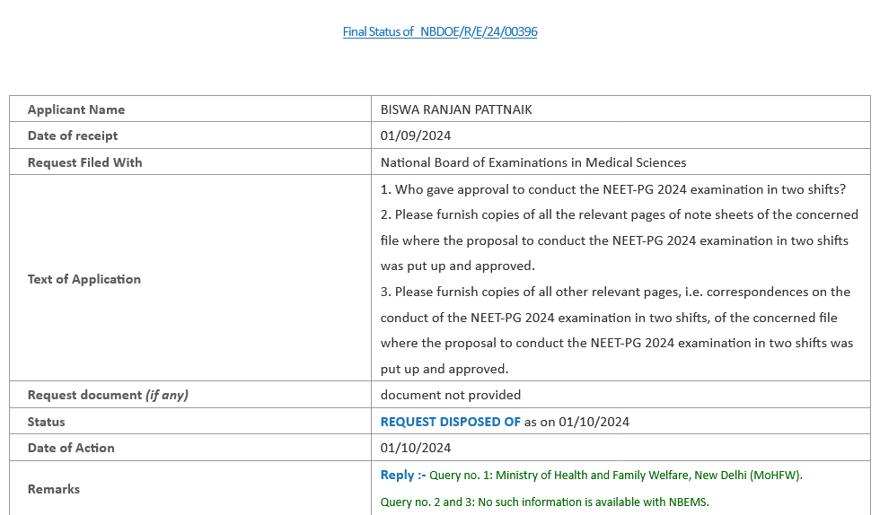iamPattnaik's tweet photo. Dear @JPNadda,
These are RTI replies provided by the National Board of Examinations and @MoHFW_INDIA regarding the conduct of #NEETPG in two shifts.

Please do not jeopardize doctors' careers by conducting the #NEETPG2025 exam in multiple shifts.

@PMOIndia 

👇 https://t.co/fssfFroPID