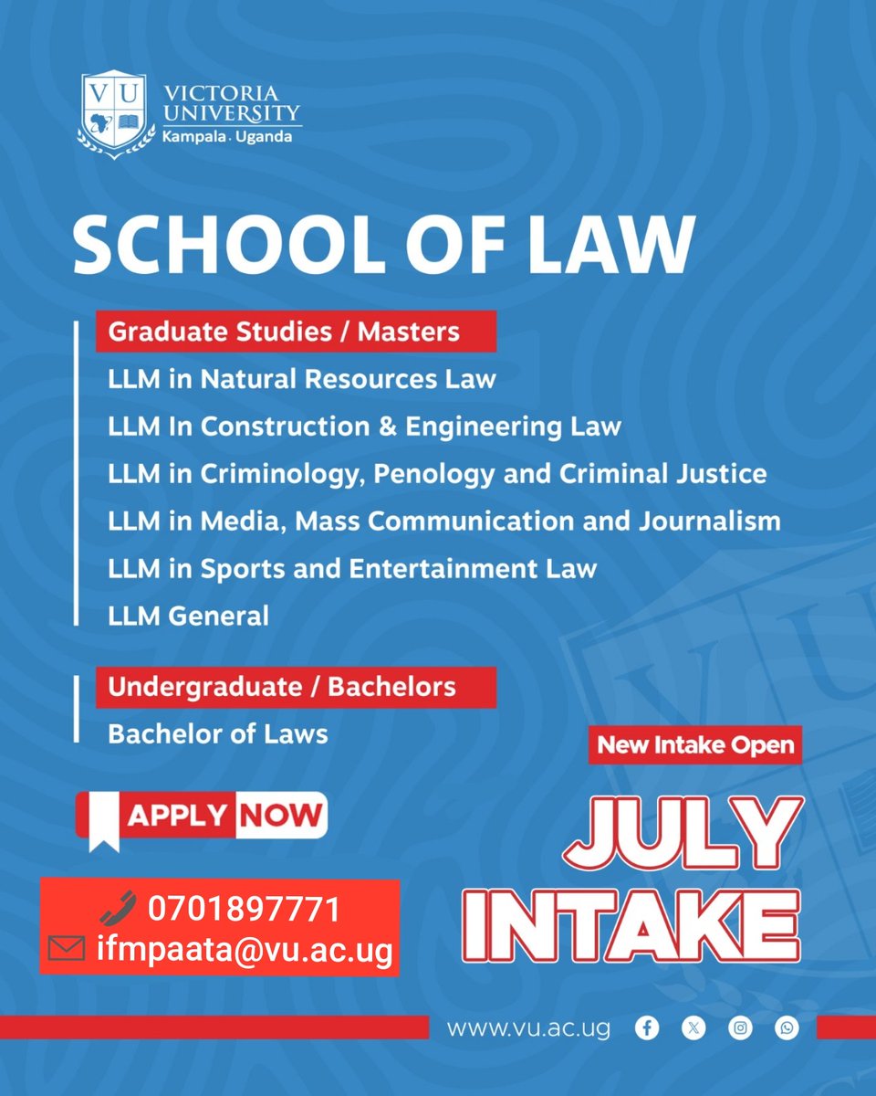 ivanmpaata's tweet photo. For applications and registration, kindly contact 0701 897 771 (call/whatssap) or email ifmpaata@vu.ac.ug. Join our July 2025 intake @VUKampala — admissions are now open!
#VictoriaUniversity #JulyIntake2025 #AdmissionsOpen #ApplyNow #StudyAtVU
@Kachaina1 @ReachDrMuganga https://t.co/K4lFKQPSSv