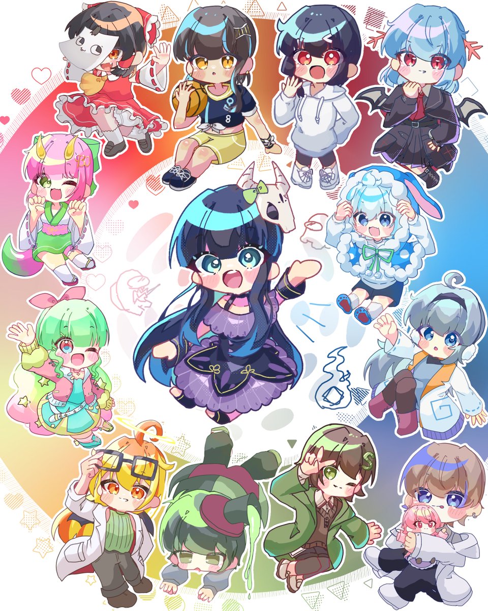 #めめ村
 全員完成しました〜！！
色相環っぽく並べためめ村の皆様です！