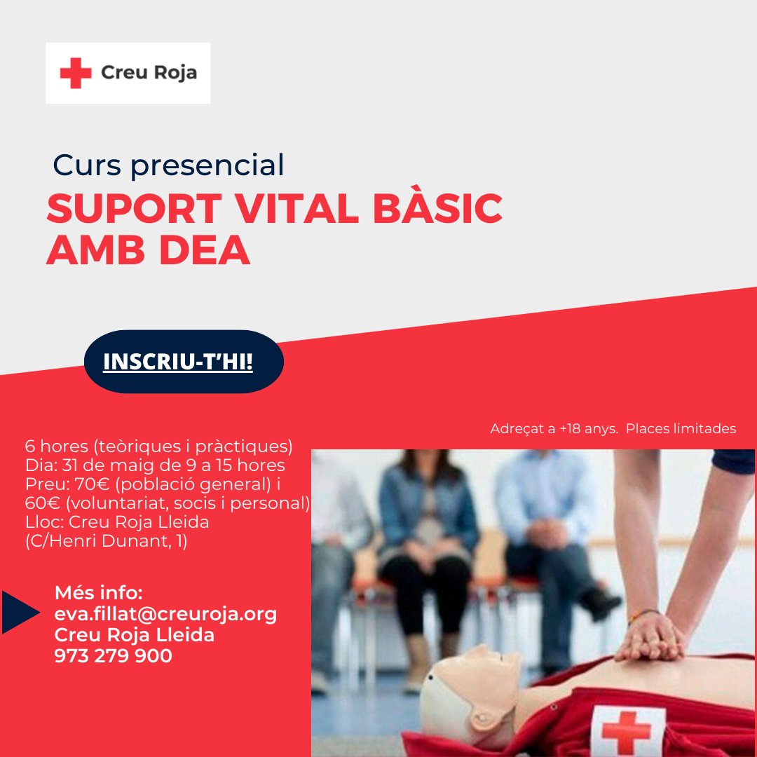 La formació en #primersauxilis pot salvar vides! 
Inscriu-te al curs de Suport Vital Bàsic amb #DEA que organitzem a Lleida el 31 de maig
ℹ️Més info i inscripcions: www2.cruzroja.es/detalle-cursos… 
#SaberÉsSalvar #SVB