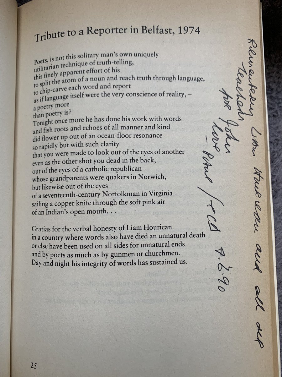 ‘Tribute to a Reporter in Belfast, 1974’: the first #PaulDurcan poem I read; the thrill of reading a poem by a living Irish poet (&amp;what a poem!) was matched only by later meeting Paul, who taught so many of us so much. ‘Day and night his integrity of words has sustained us’.