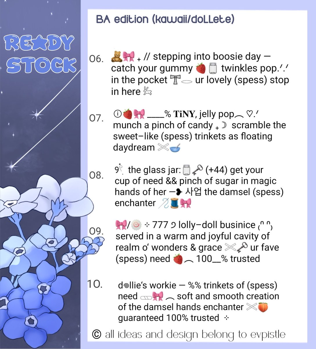 𐙚⋆ help repost please? thank you, sweetlings🎐

hello sweetpeeps♡ lyo bawain ready stok bio yang cocok buat acc BA dengan price 3.5OO/each, bisa retext juga yah untuk spessnya!
kindly check ALT for details  

ht #zonauang️ 
wording bio rs