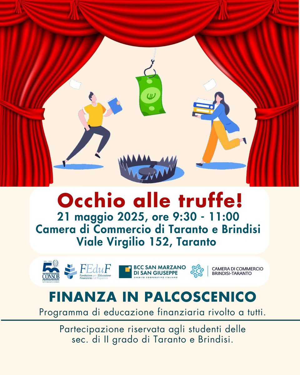 🚨​​Occhio alle truffe⚠️​

📅 21 maggio 2025 – dalle 9:30
📍 Camera di Commercio di Taranto e Brindisi – Viale Virgilio 152, Taranto

Un’occasione educativa e coinvolgente per imparare ad avere sempre gli occhi aperti e non cadere nella trappola!

#OcchioAlleTruffe #BCC