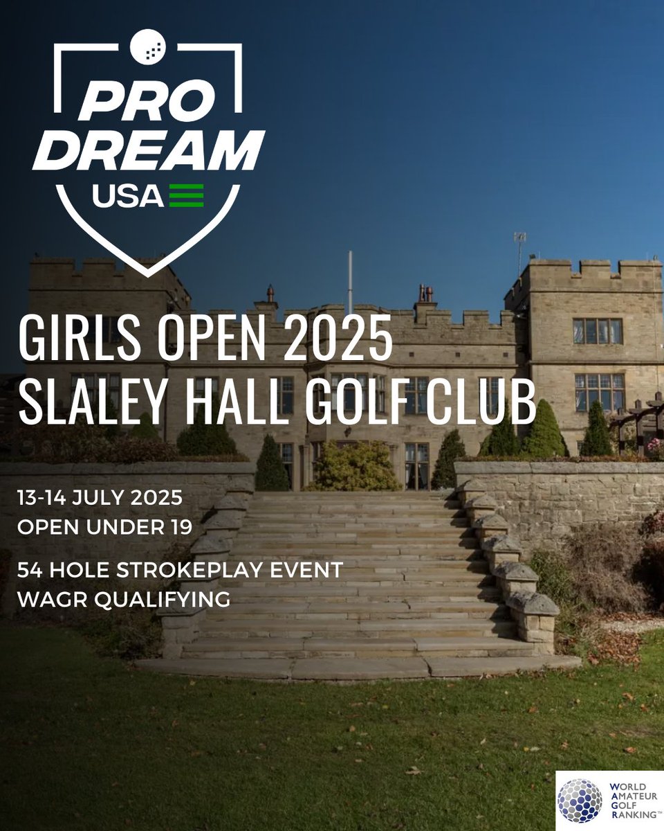 |13-14 July 2025|
ProDreamUSA Girls Open

Don't miss out on this amazing opportunity! Get ready for your summer of golf and secure your spot at our first ever Girls Open! 

To join us and have the opportunity to score WAGR &amp; EGR points-&gt; prodreamusa.com/post/prodreamu…