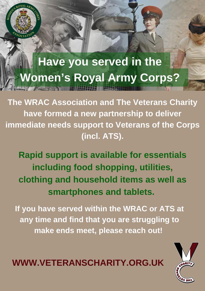 The Veterans Charity (@veteranscharity) on Twitter photo If you (or a woman you know) served in the WRAC (or ATS) and find yourself battling hardship, please reach out. Help and support is available!
Our partnership with the <a href="/WRACAssociation/">WRAC Association</a> has been created to deliver urgent support for essentials such as food shopping, utilities If you (or a woman you know) served in the WRAC (or ATS) and find yourself battling hardship, please reach out. Help and support is available!
Our partnership with the <a href="/WRACAssociation/">WRAC Association</a> has been created to deliver urgent support for essentials such as food shopping, utilities