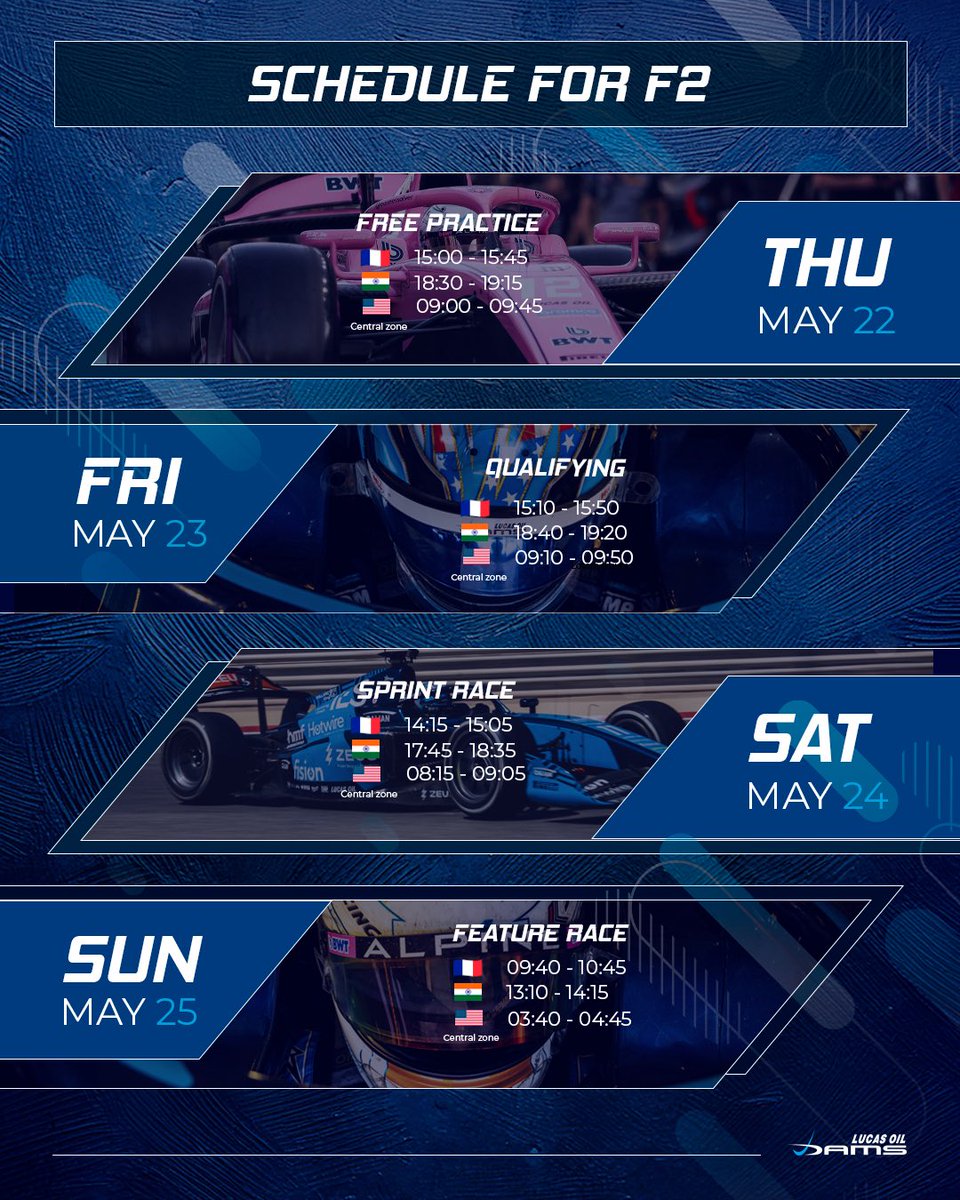 damsracing's tweet photo. 🏎️ SCHEDULE // MONACO
The most iconic round of the season is here!
Tight corners, no margin for error — it’s time to conquer Monte Carlo.
🚀 May 22–25. Let’s race through the streets.
#NextStopMonaco #DAMS #F2 #F3 #MonacoGP #WeAreDAMS #PushToTheLimit #Allezlesbleus https://t.co/KP2s2qSXBm