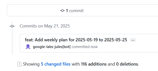 domliu's tweet photo. First commit from Google’s Jules agent just landed in my repo:
🛠️ A full weekly plan auto-generated and pushed by AI.
Feels kinda wild—and kinda great.
Wondering: how far can these agents go solo?
#AIAgents #GitHub #GoogleJules #Gemini https://t.co/W81MSjKkJU