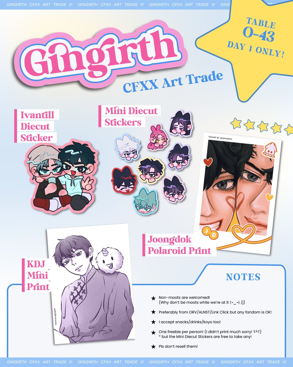 I'm also open for art trade~
Please read the notes first!
It's limited guys (sorry!) so just reply if u wanna trade! ( ˶ˆᗜˆ˵ )

#CFXX